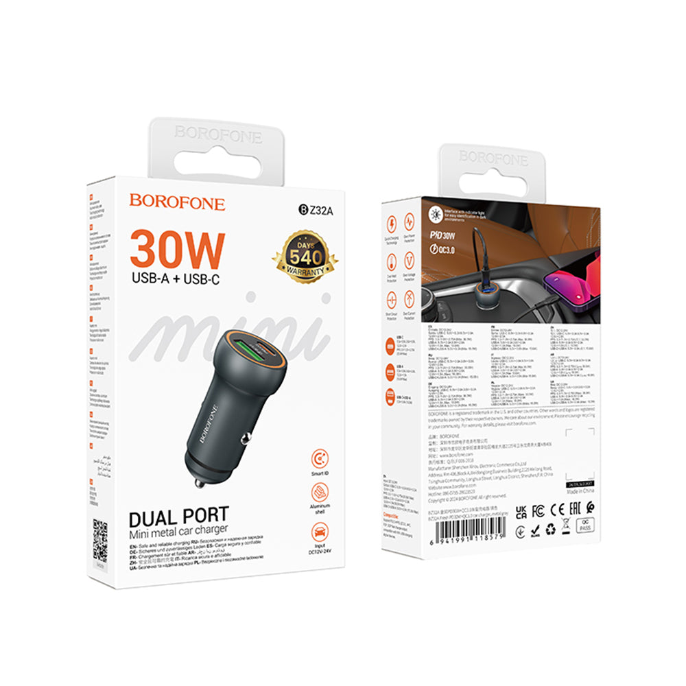 Borofone BZ32A Fresh Car Charger, 30W, 3A, 1 x USB-A - 1 x USB-C, Grey
