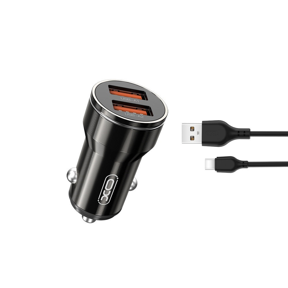 Car Charger with USB-C Cable XO Design CC48, 12W, 2.4A, 2 x USB-A, Grey
