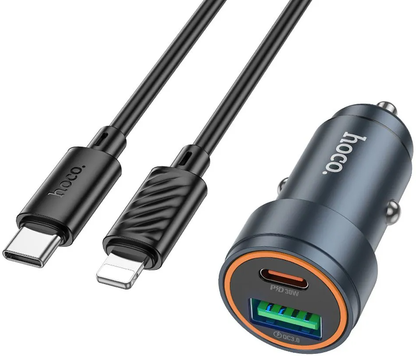 Car Charger with Lightning Cable HOCO Z57A, 30W, 3A, 1 x USB-A - 1 x USB-C, Gray