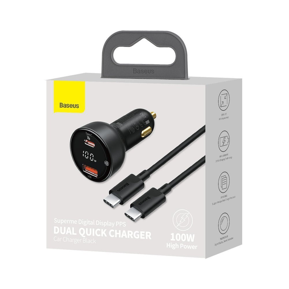 Baseus Superme Car Charger with USB-C Cable, 100W, 5A, 1 x USB-A - 1 x USB-C, Black TZCCZX-01