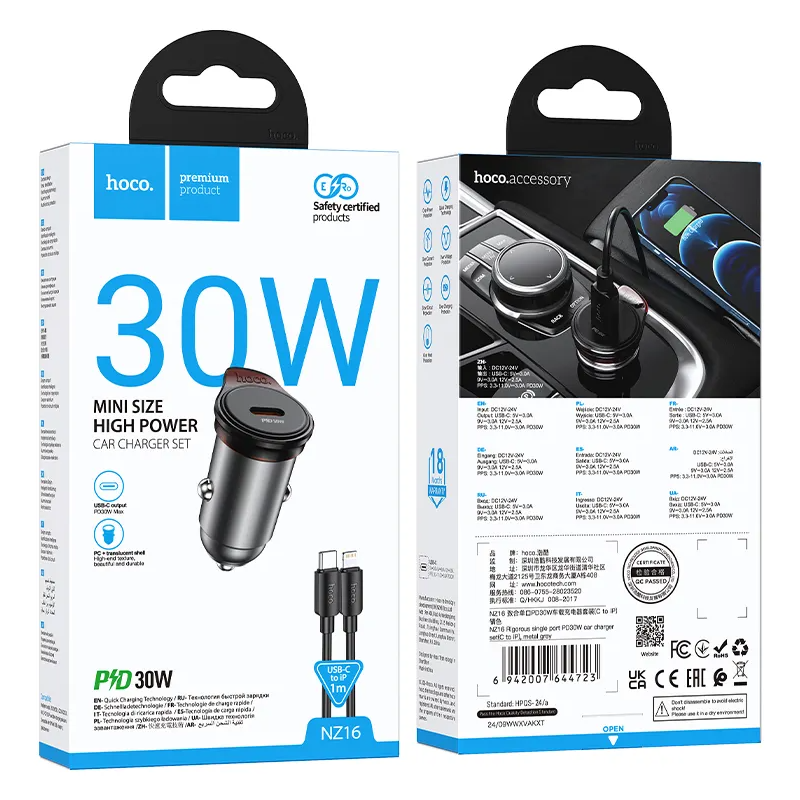Car Charger with Lightning Cable HOCO NZ16, 30W, 3A, 1 x USB-C, Gray
