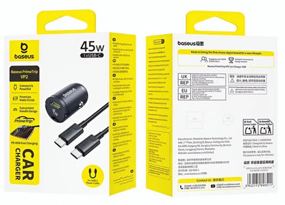 Baseus PrimeTrip VP2 Car Charger with USB-C Cable, 45W, 3A, 1 x USB-C, Black C0206800