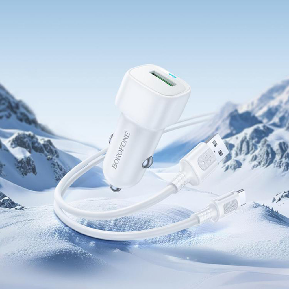 Car Charger with USB-C Cable Borofone BZ34 Cloud, 18W, 3A, 1 x USB-A, White