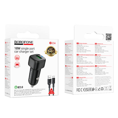 Car Charger with USB-C Cable Borofone BZ34 Cloud, 18W, 3A, 1 x USB-A, Black