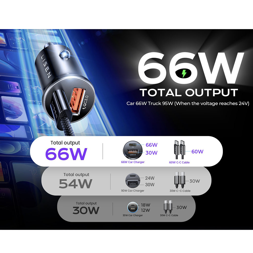 Lisen Car Charger with USB-C Cable, 83W, 3.25A, 1 x USB-A - 1 x USB-C, Silver YL0223110003