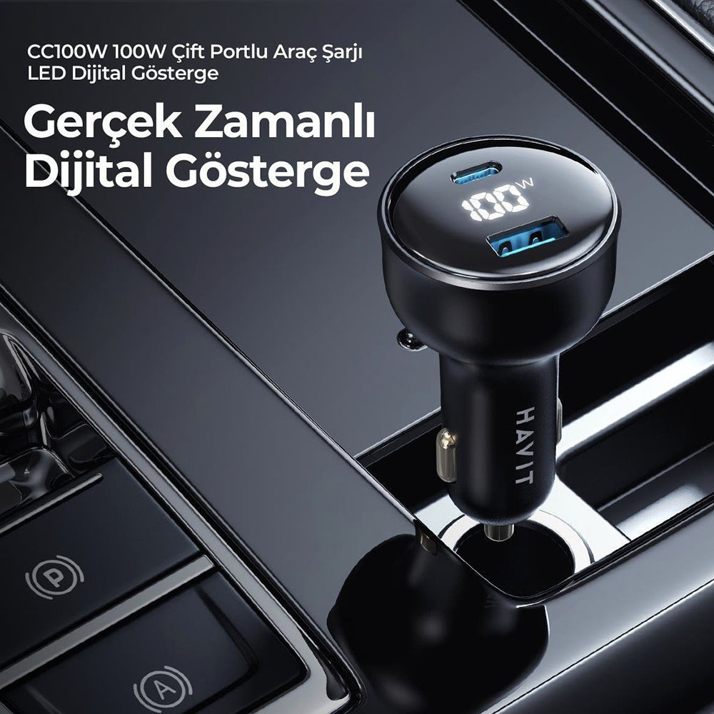 HAVIT CC100W Display Car Charger, 100W, 5A, 1 x USB-A - 1 x USB-C, Black