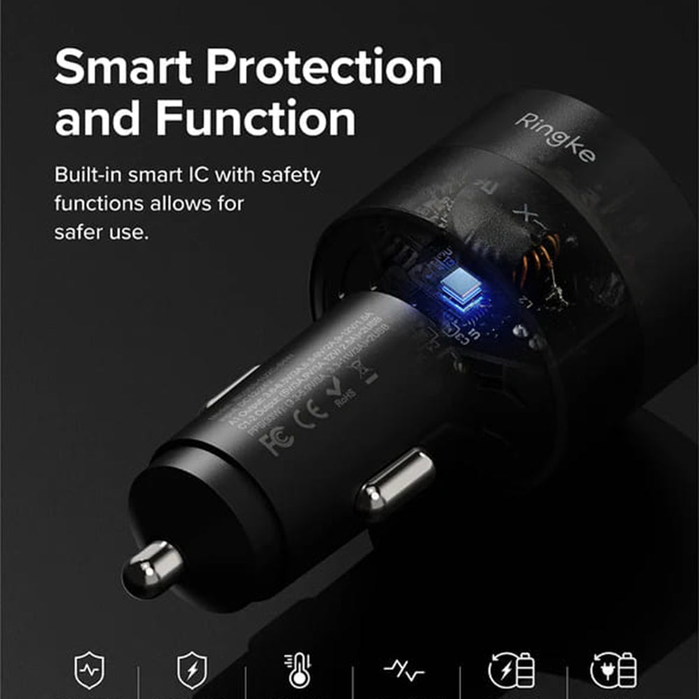 Ringke Car Charger, 30W, 3A, 1 x USB-A - 2 x USB-C, Black