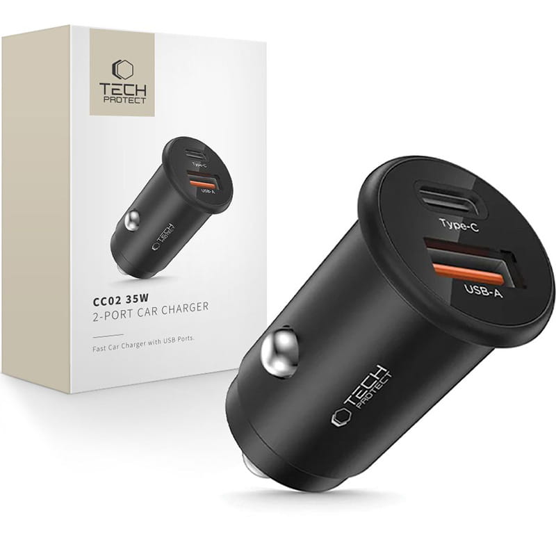 Tech-Protect CC02 Car Charger, 35W, 3A, 1 x USB-A - 1 x USB-C, Black