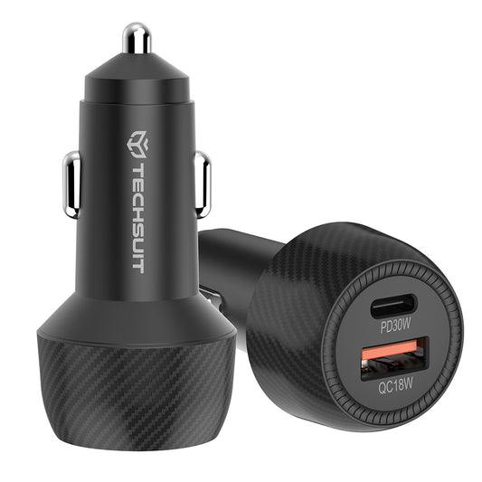 Techsuit C7 CarbonVolt Car Charger, 48W, 3A, 1 x USB-A - 1 x USB-C, Black