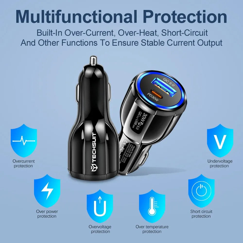Techsuit TE-022 Premium Car Charger, 60W, 3A, 1 x USB-A - 1 x USB-C, Black