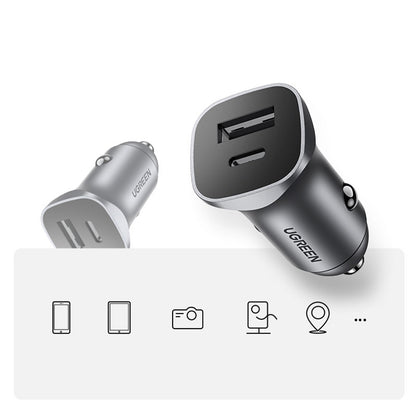 UGREEN CD130 Car Charger, 24W, 3A, 1 x USB-A - 1 x USB-C, Gray