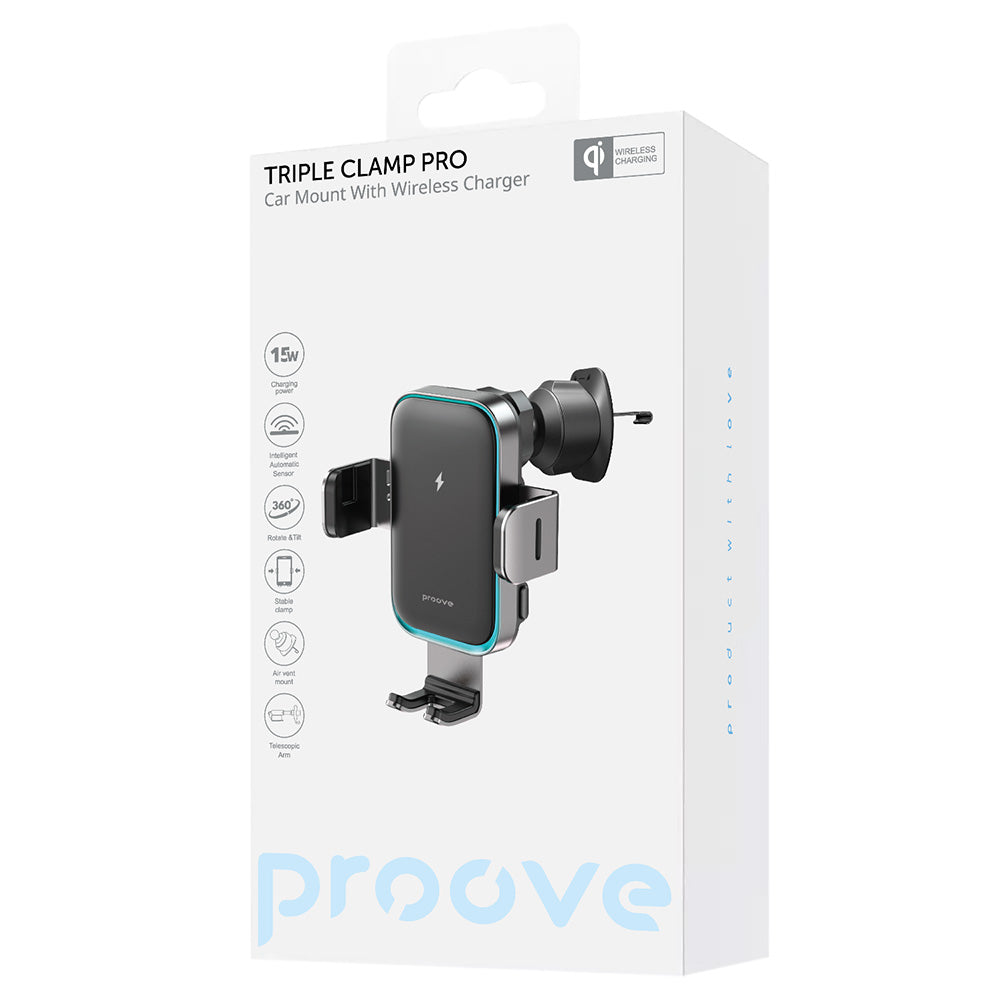 Proove Triple Clamp Pro Wireless Car Charger, 15W, 1.67A, Gray WHTP15010004