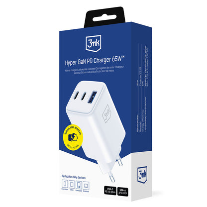 3MK Hyper Network Charger, 65W, 3.25A, 1 x USB-A - 2 x USB-C, White