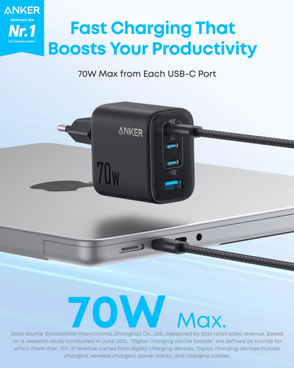 Anker Zolo Network Charger, 70W, 3.5A, 1 x USB-A - 3 x USB-C, Black A121CG11