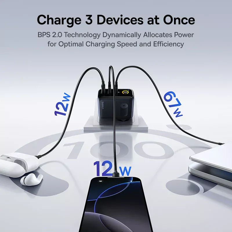 Baseus PicoGo AE21 Display Wall Charger, 100W, 5A, 1 x USB-A - 2 x USB-C, Black E0121B00