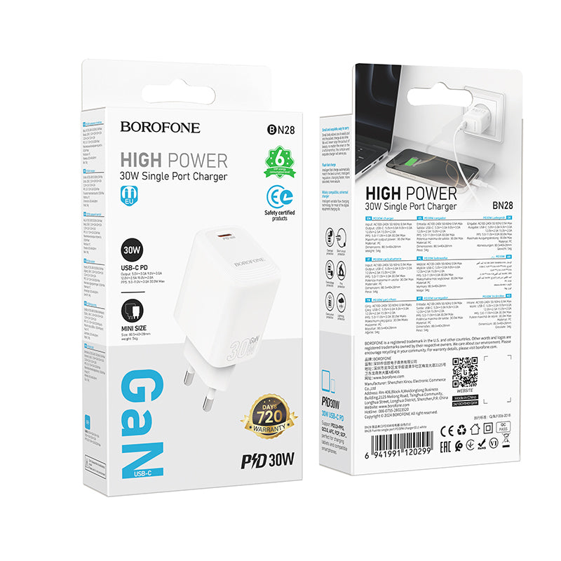 Borofone BN28 Fuente Network Charger, 30W, 3A, 1 x USB-C, White