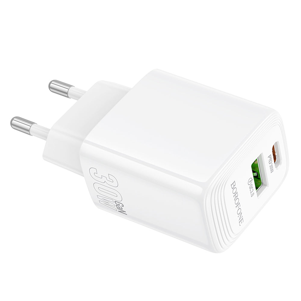 Borofone BN29 Fuente Network Charger, 30W, 3A, 1 x USB-A - 1 x USB-C, White