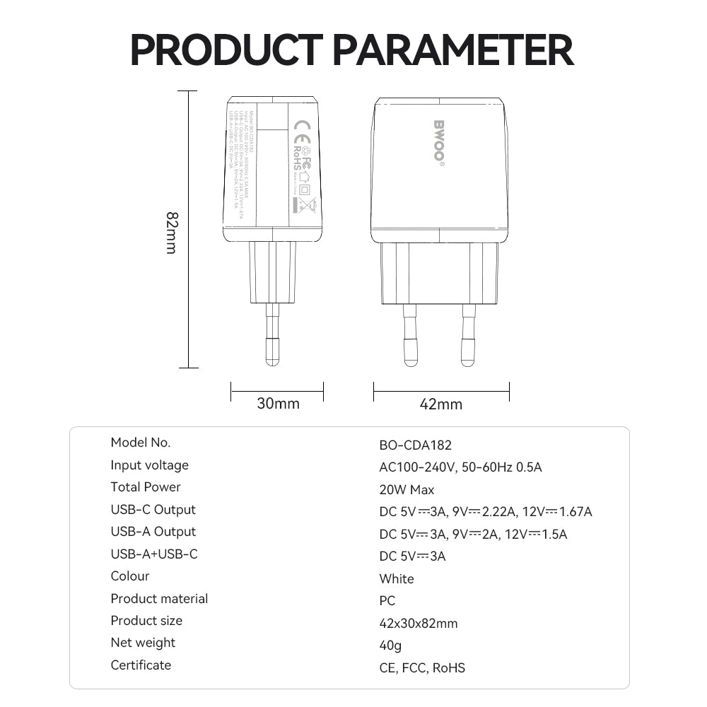 BWOO CDA182 Network Charger, 38W, 3A, 1 x USB-A - 1 x USB-C, White