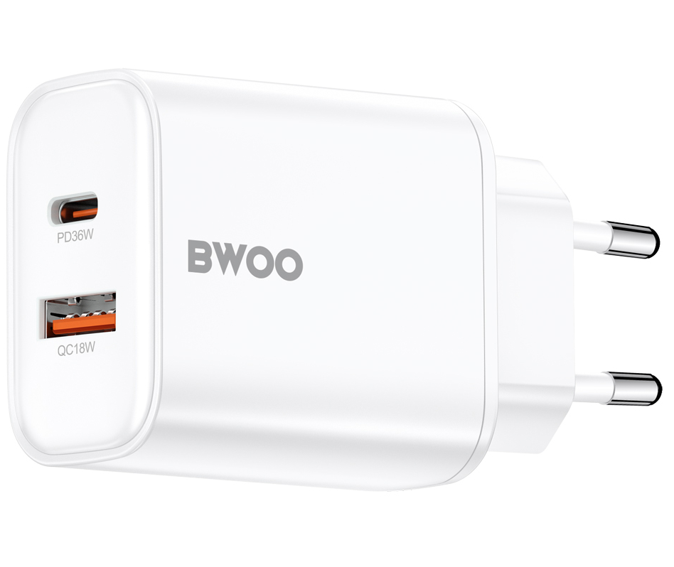 BWOO CDA207 Network Charger, 36W, 3A, 1 x USB-A - 1 x USB-C, White