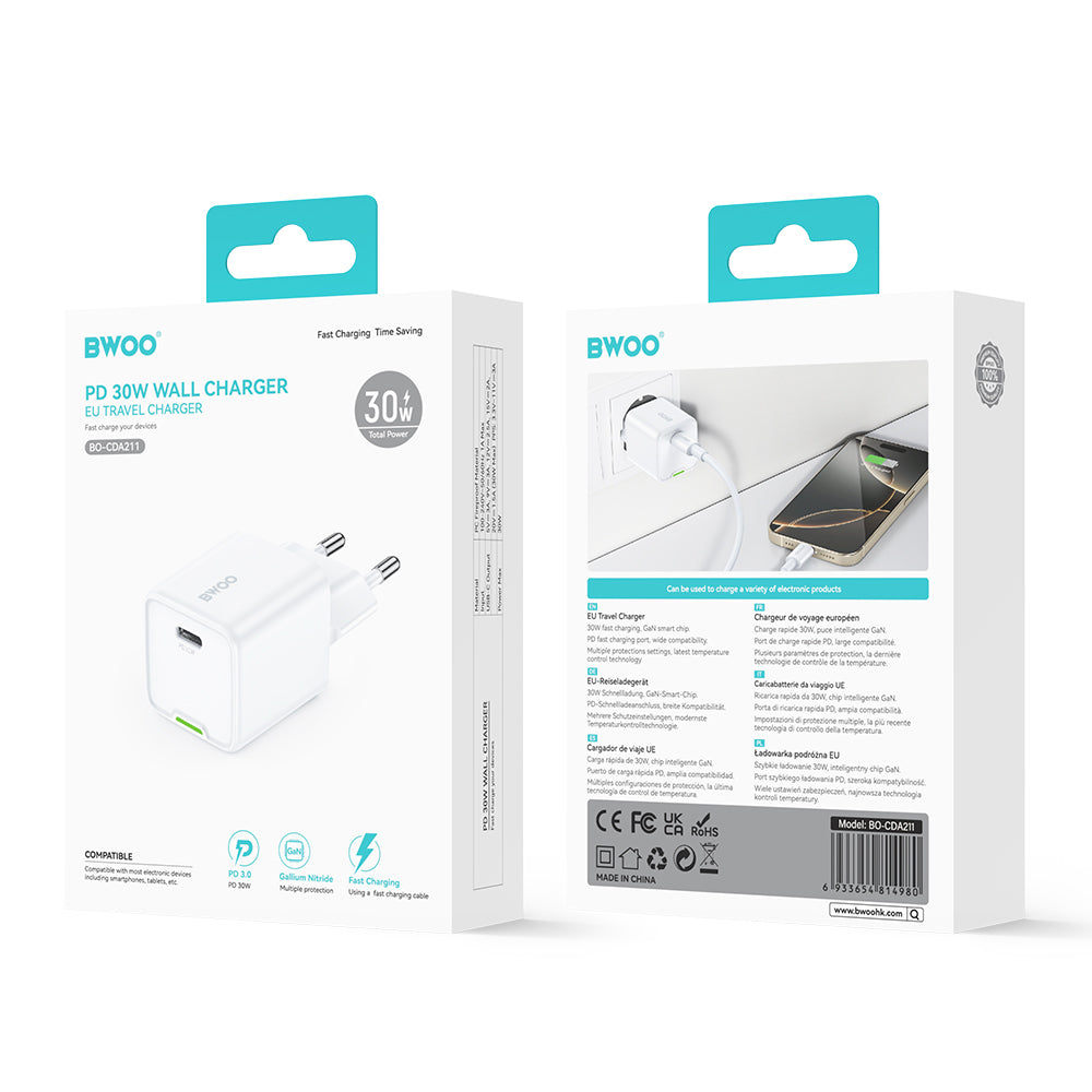 BWOO CDA211 Network Charger, 30W, 3A, 1 x USB-C, White
