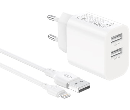 XO Design CE55 Mains Charger with Lightning Cable, 12W, 2.4A, 2 x USB-A, White