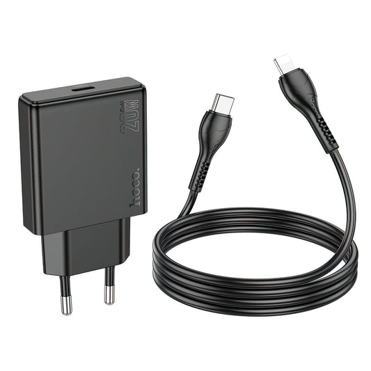 Network Charger with Lightning Cable HOCO N37, 30W, 3A, 1 x USB-C, Black