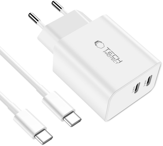 Tech-Protect C35W USB-C Cable Wall Charger, 35W, 3A, 2 x USB-C, White