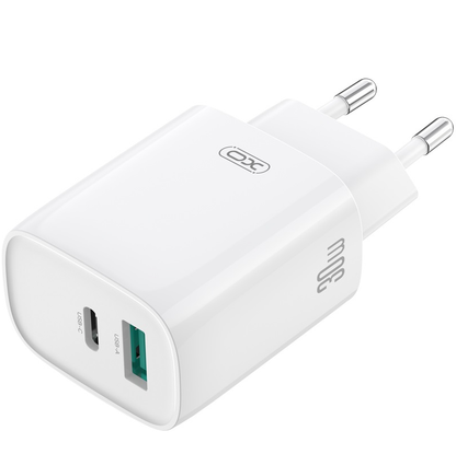 Network Charger with Lightning Cable XO Design CE30, 30W, 3A, 1 x USB-A - 1 x USB-C, White