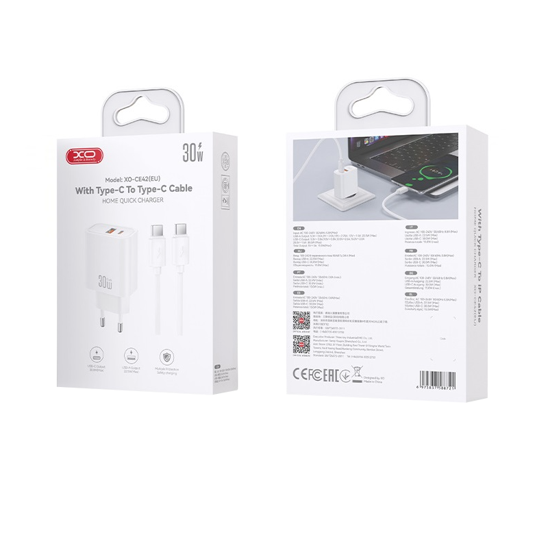 XO Design CE42 USB-C Cable Wall Charger, 30W, 3A, 1 x USB-A - 1 x USB-C, White