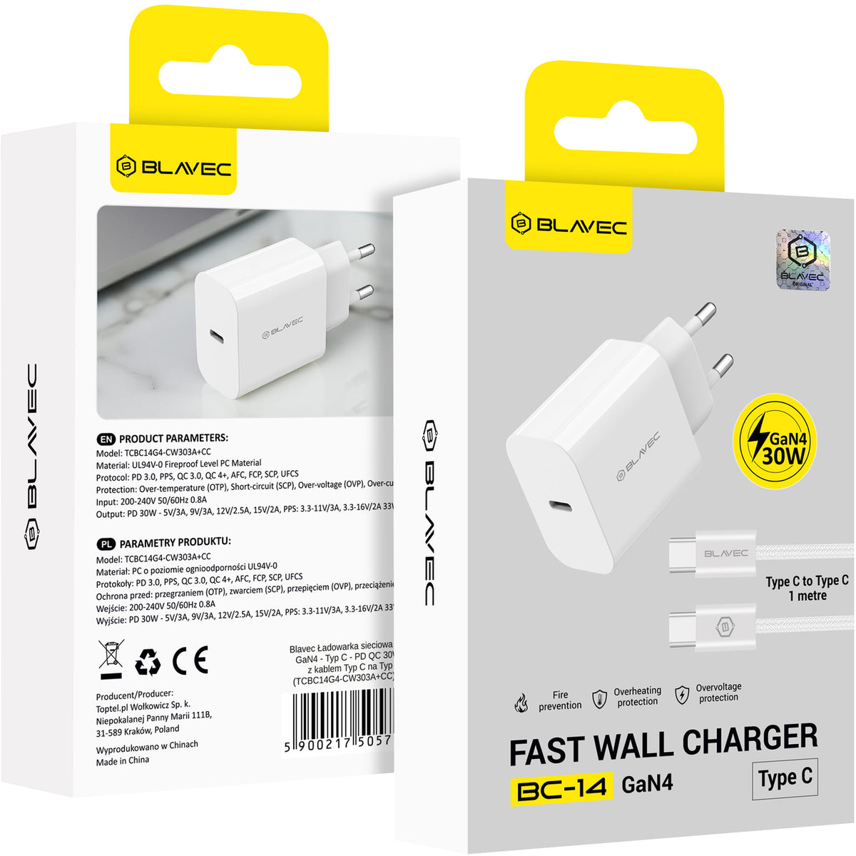 Blavec BC-14 USB-C Wall Charger with Cable, 30W, 3A, 1 x USB-C, White