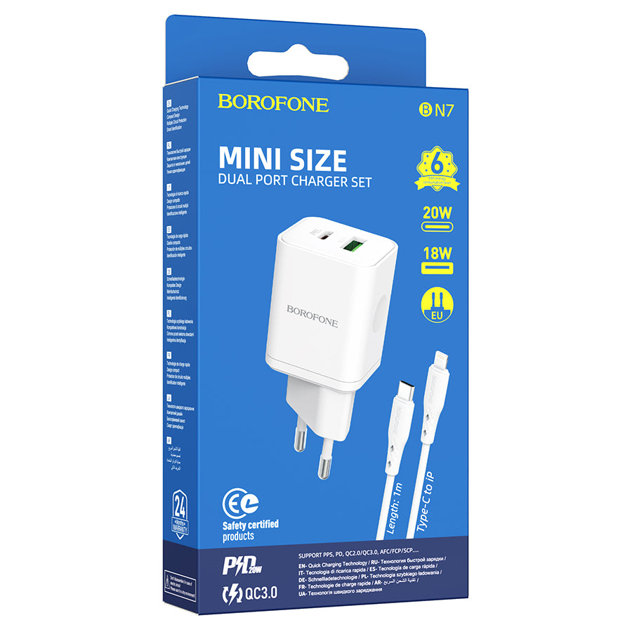 Network Charger with Lightning Cable Borofone BN7, 20W, 3A, 1 x USB-A - 1 x USB-C, White