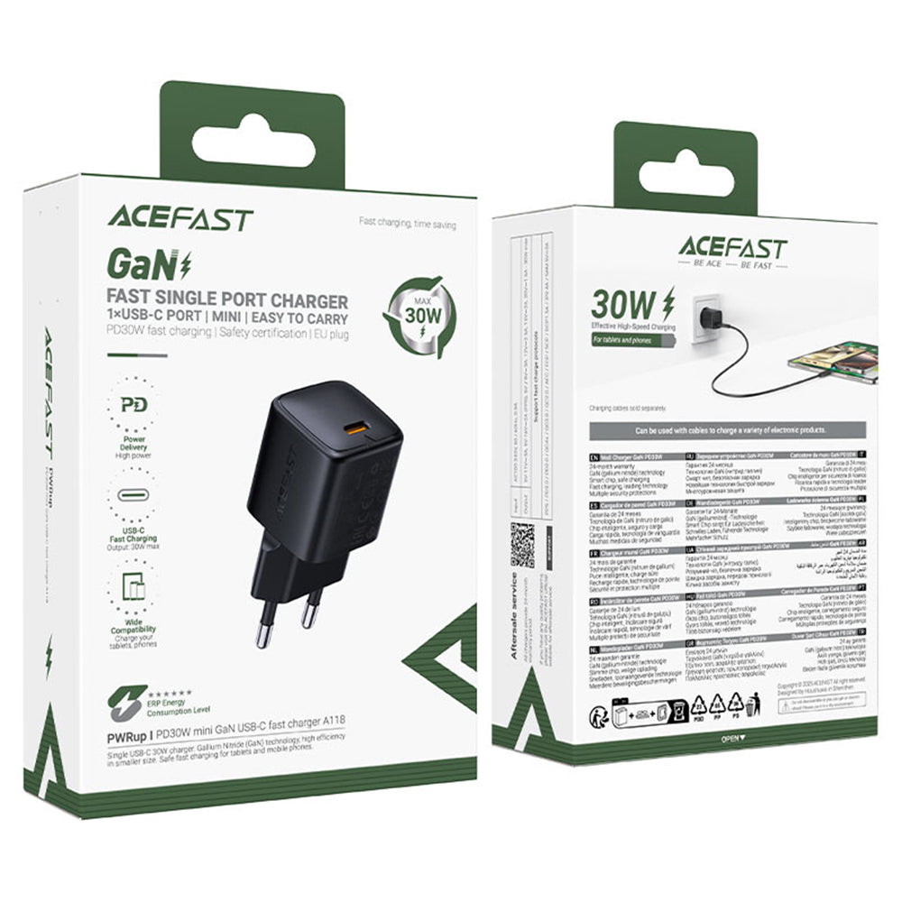 Acefast A118 Lightning Cable Wall Charger, 30W, 3A, 1 x USB-C, Black