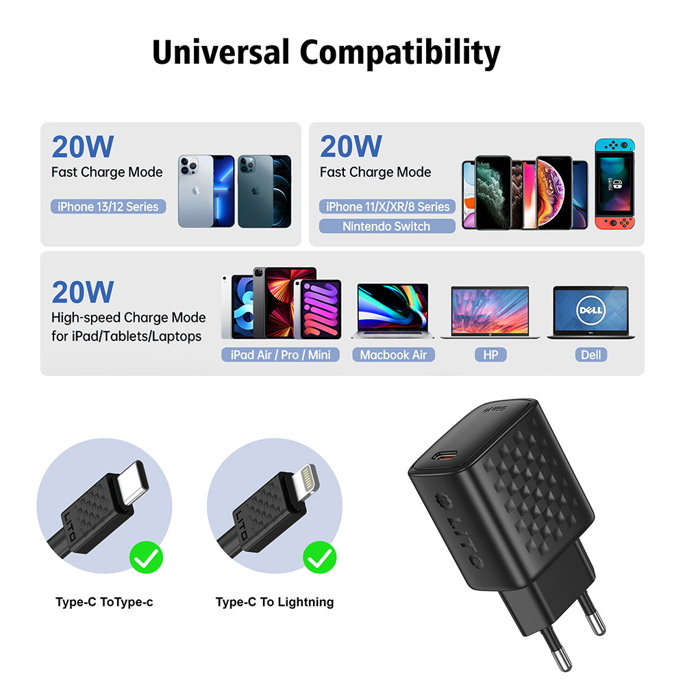 Network Charger with Lightning Cable Lito LC13L, 20W, 3A, 1 x USB-C, Black