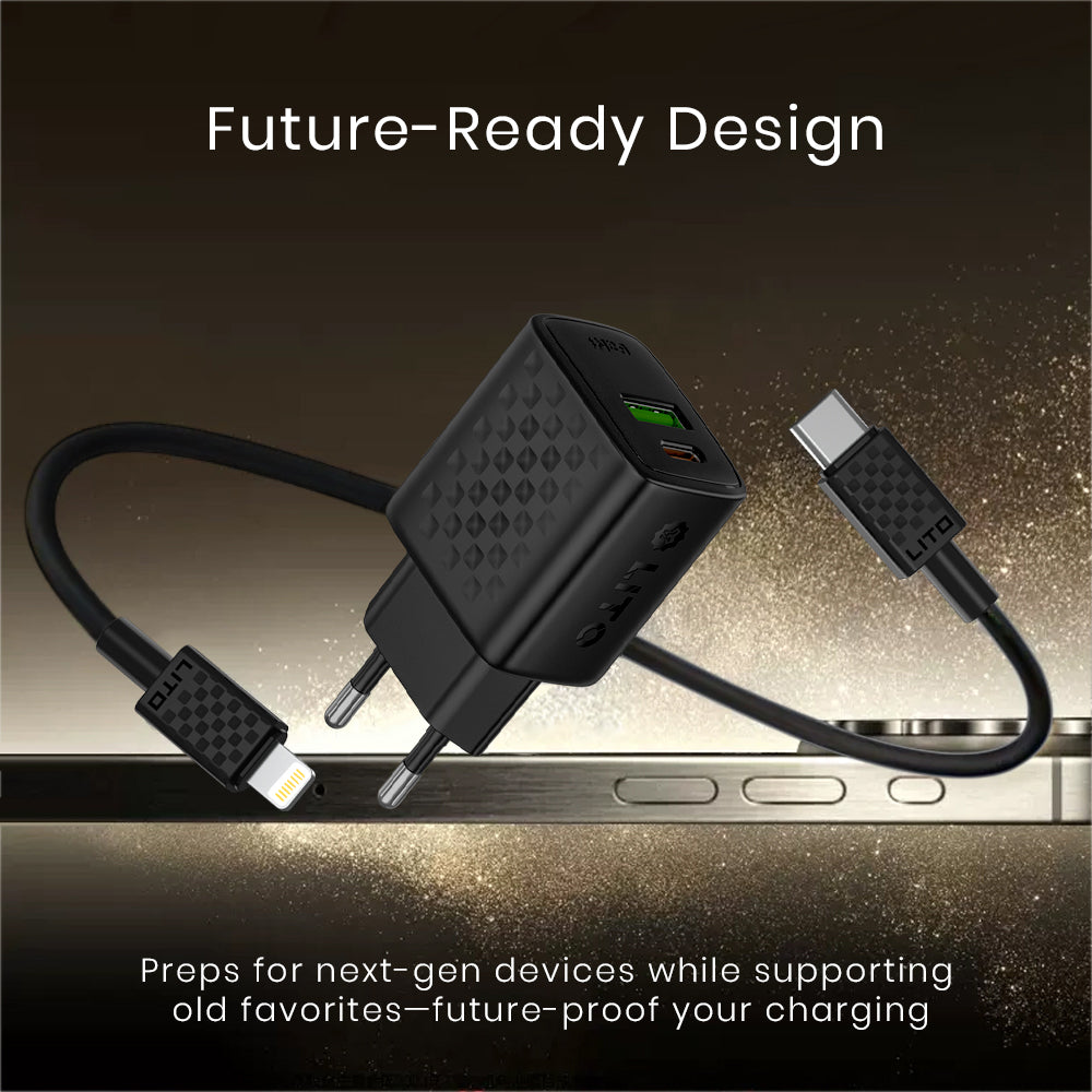 Network Charger with Lightning Cable Lito LC15L, 20W, 3A, 1 x USB-A - 1 x USB-C, Black