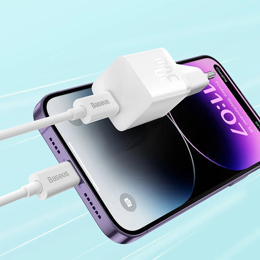 Network Charger with USB-C Cable Baseus GaN Mini 1C, 30W, 3A, 1 x USB-C, Blue P10110902313-00
