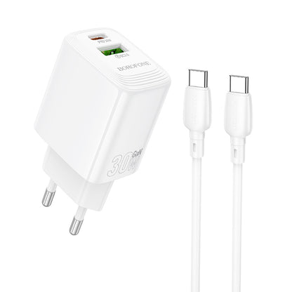Network Charger with USB-C Cable Borofone BN29 Fuente, 30W, 3A, 1 x USB-A - 1 x USB-C, White
