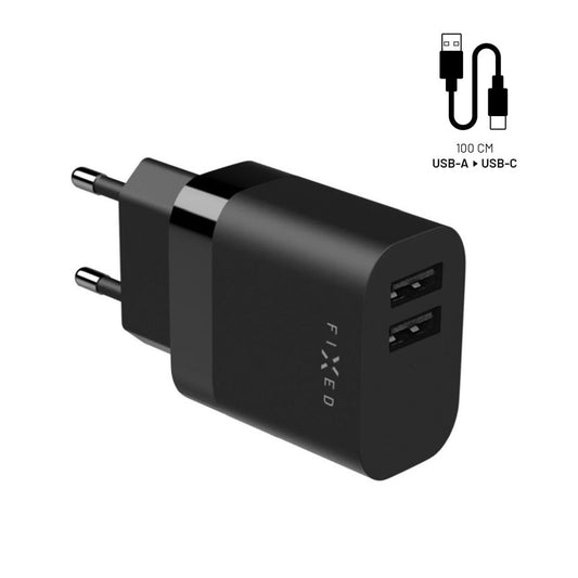 Fixed USB-C Network Charger with Cable, 17W, 3A, 2 x USB-A, Black