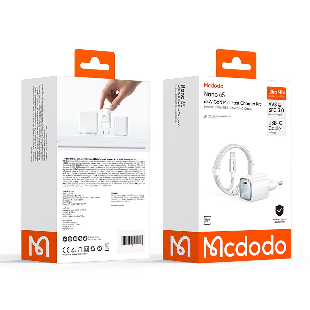Mcdodo Nano CH-8263 USB-C Cable Wall Charger, 65W, 3.25A, 1 x USB-C, White