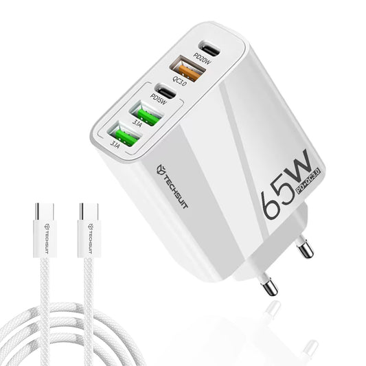 Network Charger with USB-C Cable Techsuit CHC2 PentaXPower, 20W, 3A, 3 x USB-A - 2 x USB-C, White