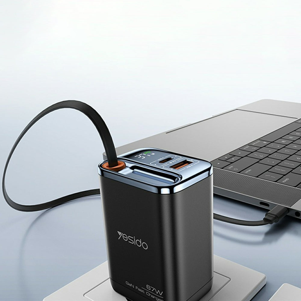 Yesido YC100 Display USB-C Network Charger with Cable, 67W, 3.35A, 1 x USB-A - 1 x USB-C, Black