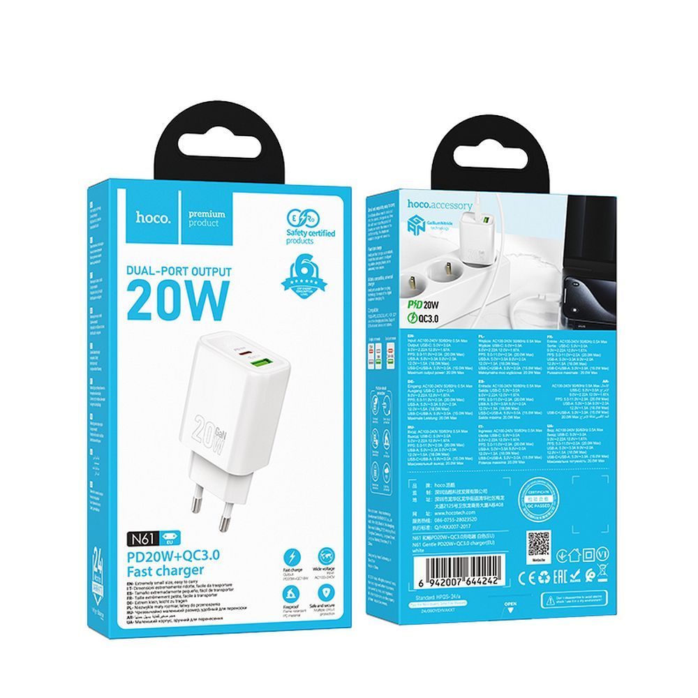 HOCO N61 Network Charger, 20W, 3A, 1 x USB-A - 1 x USB-C, White