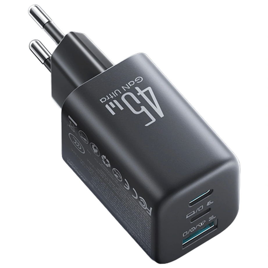 Joyroom JR-TO1 Wall Charger, 45W, 3A, 1 x Lightning - 1 x USB-A - 1 x USB-C, Black
