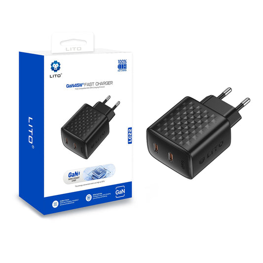 Lito LC22 Network Charger, 45W, 3A, 2 x USB-C, Black