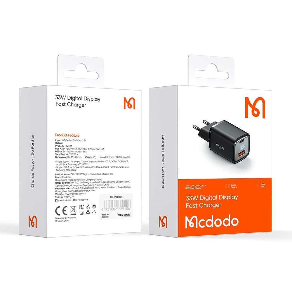 McDodo CH-1701 Graphite Display Network Charger, 33W, 3A, 1 x USB-A - 1 x USB-C, Black
