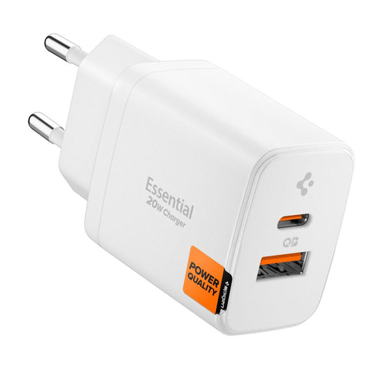 Spigen Essential Network Charger, 20W, 3A, 1 x USB-A - 1 x USB-C, White ACH08704
