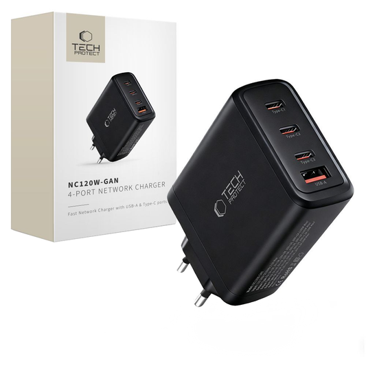 Tech-Protect NC120W-GAN Network Charger, 120W, 5A, 1 x USB-A - 3 x USB-C, Black
