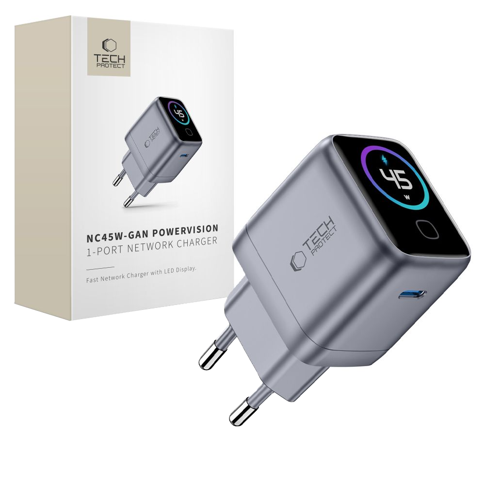 Tech-Protect NC45W Display Wall Charger, 45W, 3A, 1 x USB-C, Gray