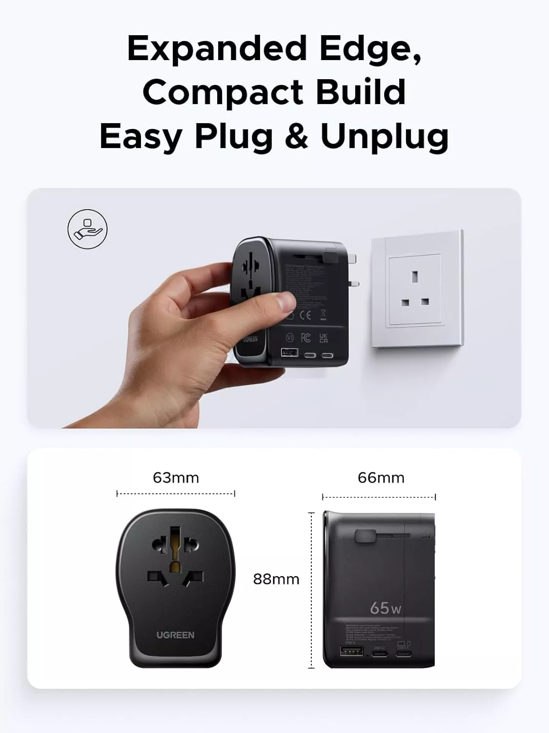 UGREEN Travel S550 Network Charger (55001), 65W, 3.25A, 1 x USB-A - 2 x USB-C, Black