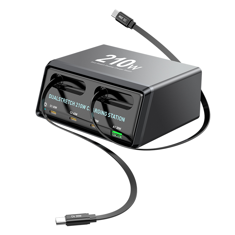 Charging Station with USB-C Cable OEM WLX-60E, 210W, 3A, 1 x USB-A - 3 x USB-C, Gray