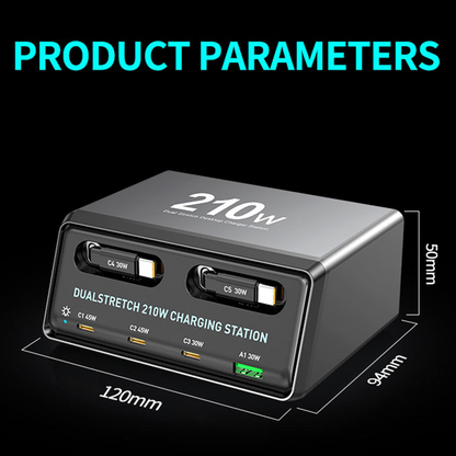 Charging Station with USB-C Cable OEM WLX-60E, 210W, 3A, 1 x USB-A - 3 x USB-C, Gray